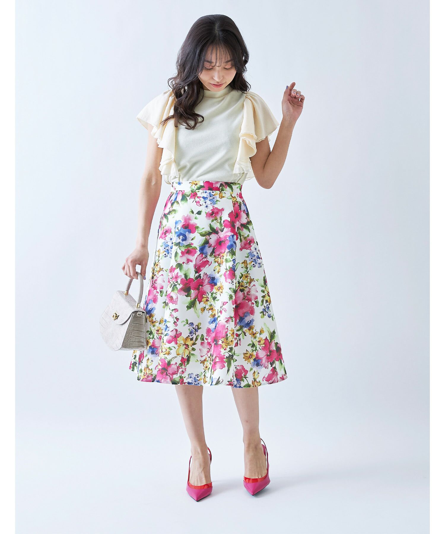 日本 tocco-closet - 水彩花朵華麗感修身傘裙-藍色系