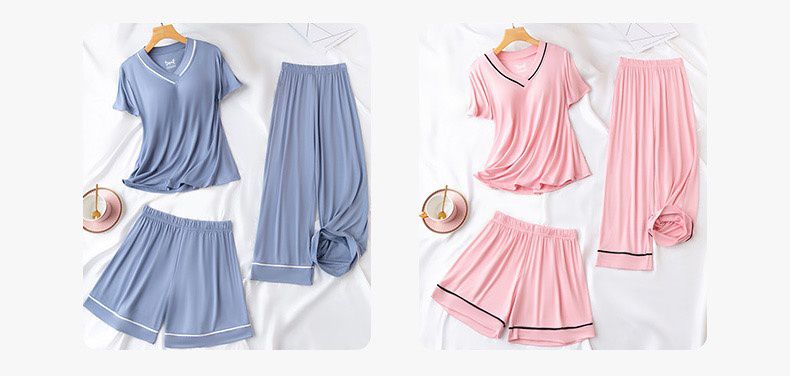 V領莫代爾Bra T短袖家居服套裝-短袖+短褲-紫粉色