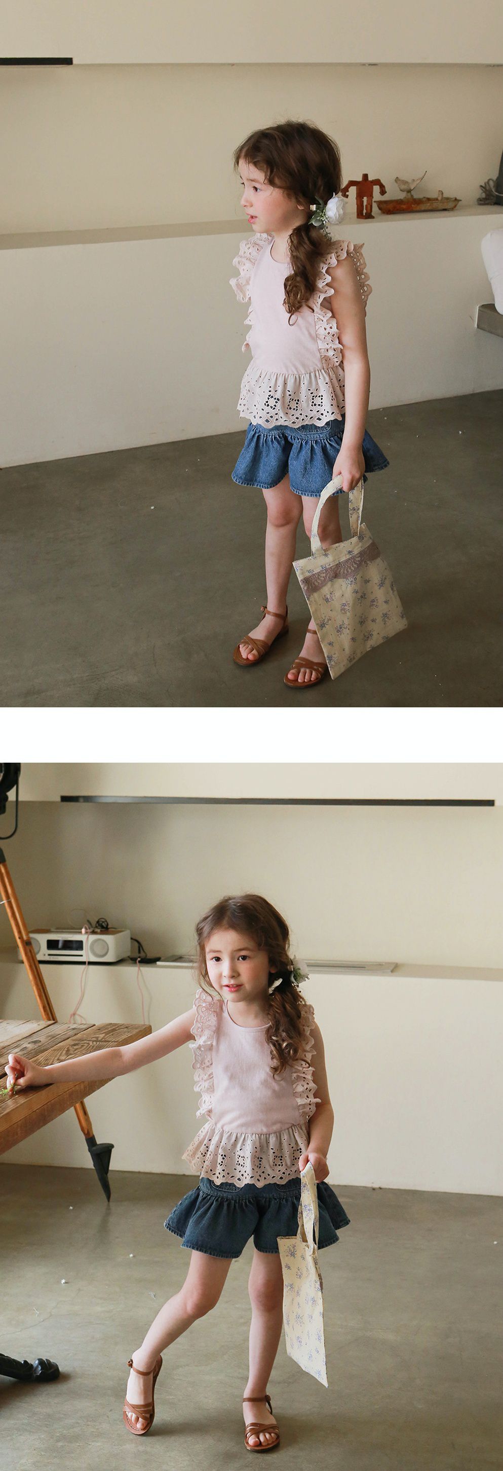 韓國 PuellaFLO - 鏤空荷葉無袖上衣-藕粉