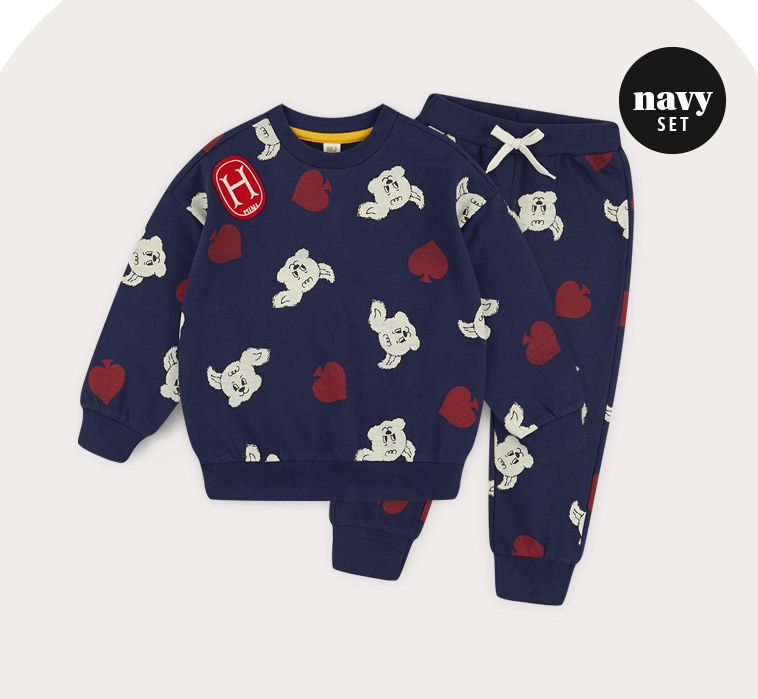 韓國 HEJMINI - 滿版狗狗圖印長袖套裝-深藍