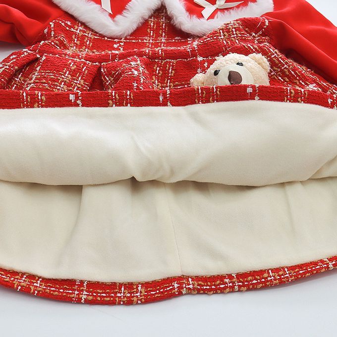 加厚翻領格紋連身裙-立體熊熊-紅色