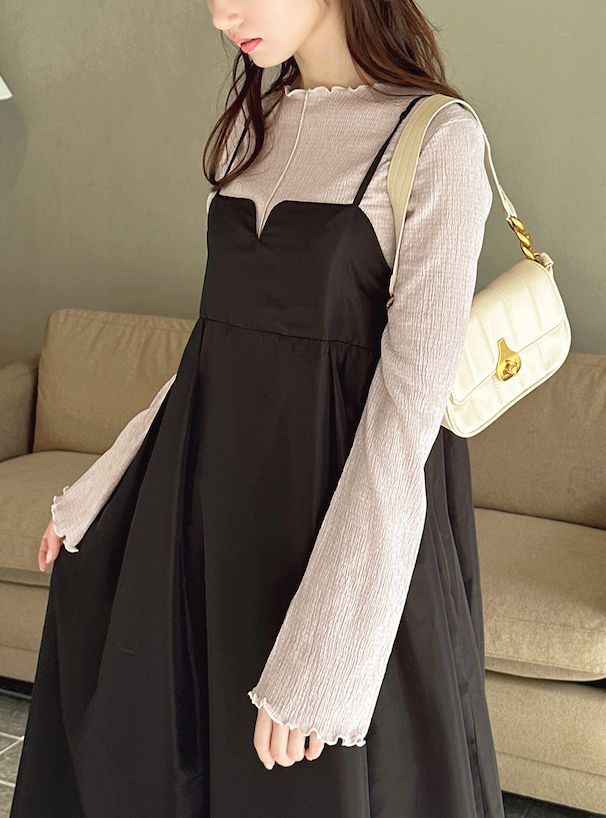 日本 GRL - 撞色木耳捲邊皺縮長袖上衣-黑x白 (F)