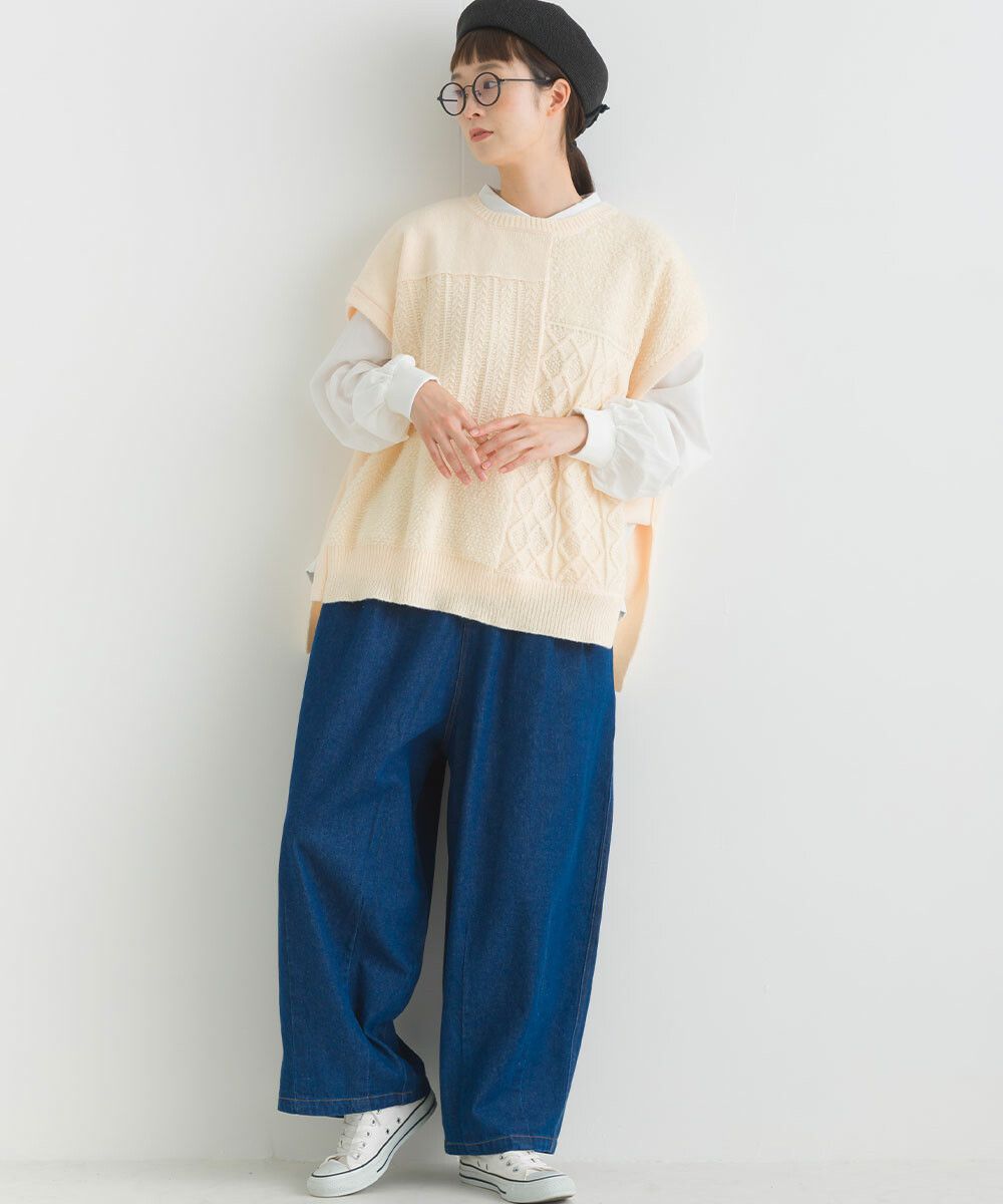 日本女裝代購 - 圓領編織紋拼接針織背心-咖啡