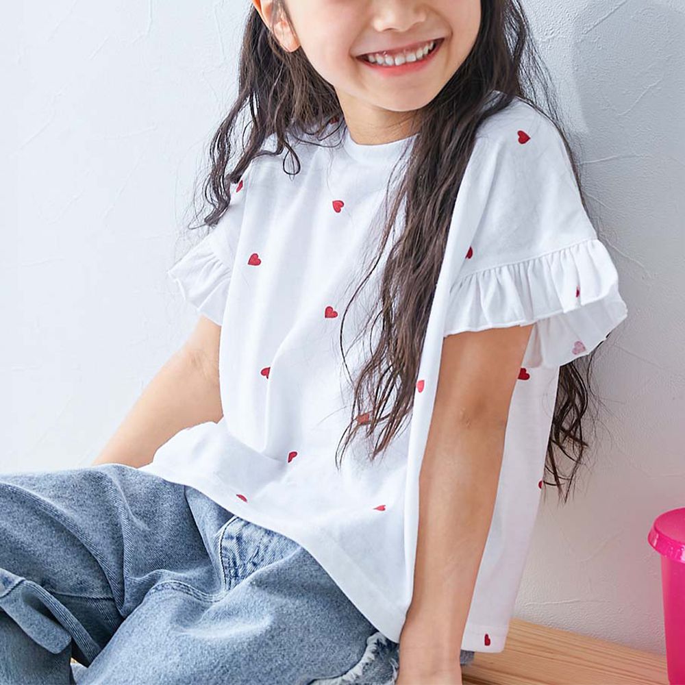 小愛心飄逸荷葉短袖上衣-白x紅
