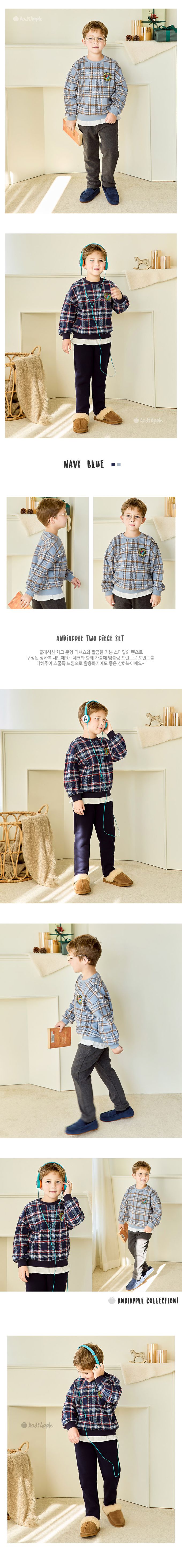 韓國 AndiApple - 學院風格紋假兩件內刷毛長袖套裝-深藍