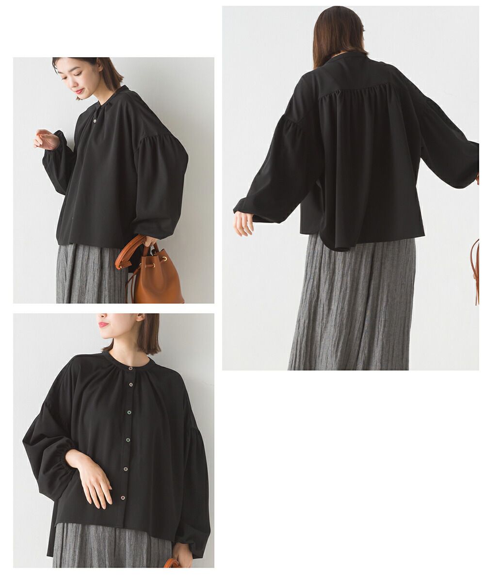 日本 OMNES - 梨地質感細緻雪紡長袖襯衫-黑