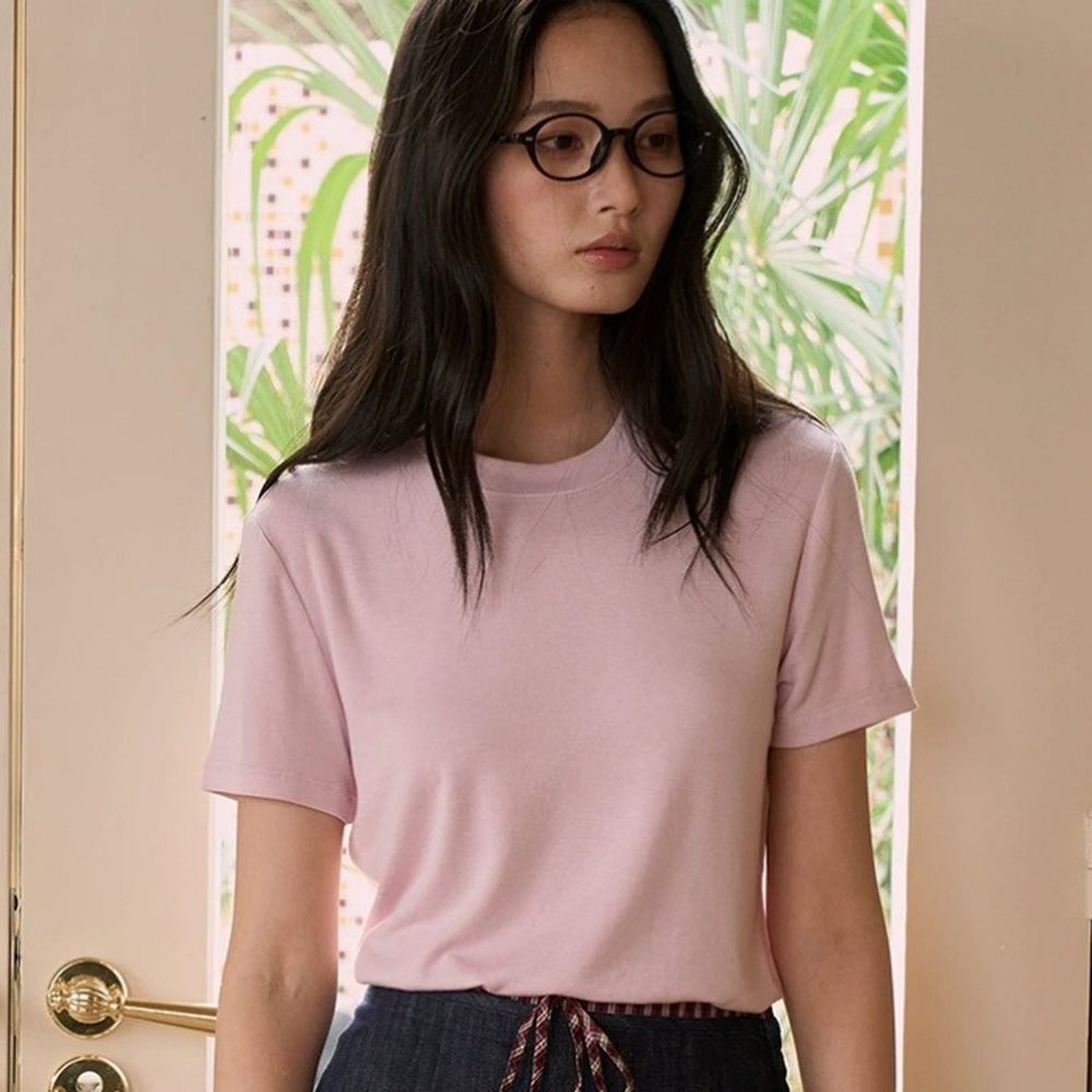 呼吸感天絲混羊毛經典圓領短袖上衣-淺粉