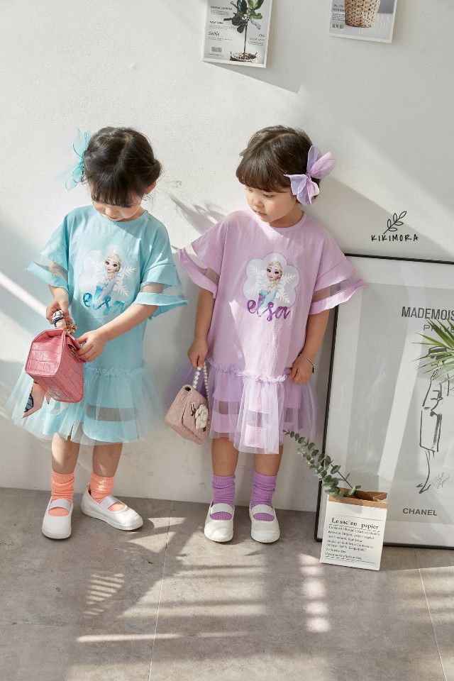 韓國 kikimora - 寬袖Elsa魚尾網紗洋裝-湖水綠