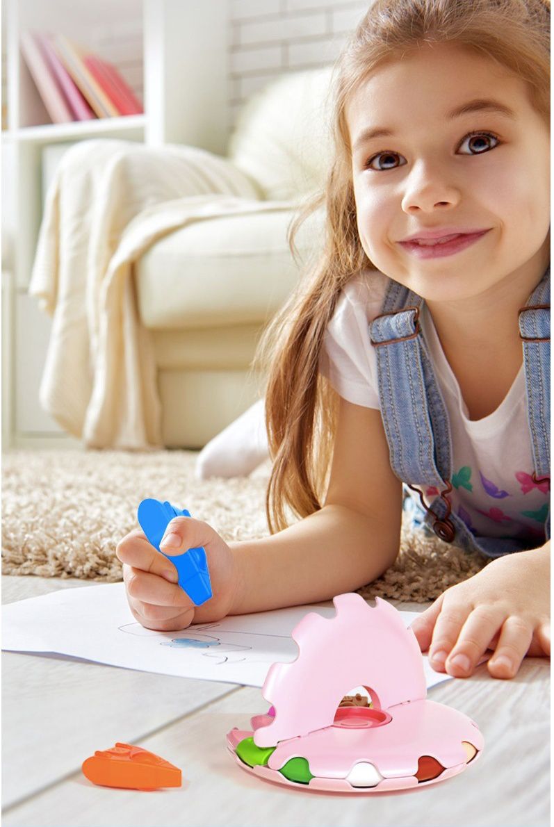 太空船造型不髒手收納蠟筆-12色-粉色 (12.6x2.5cm)-適合3歲以上使用