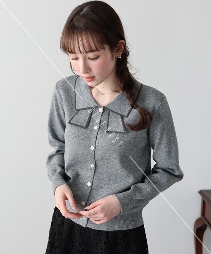 日本 BLUE EAST - 甜美蝴蝶結勾邊領針織上衣開襟衫-象牙白 (M)