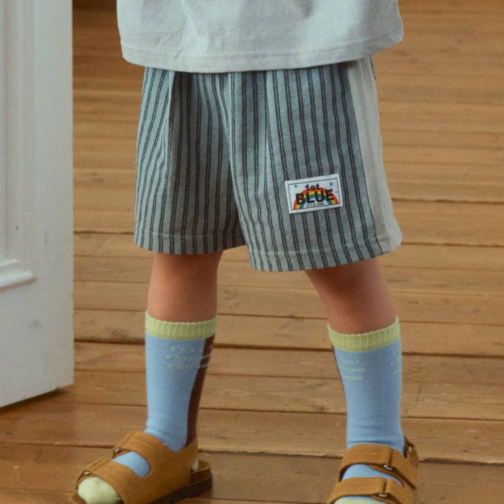 First Blue 鬆緊腰直紋拼接純棉短褲-灰綠