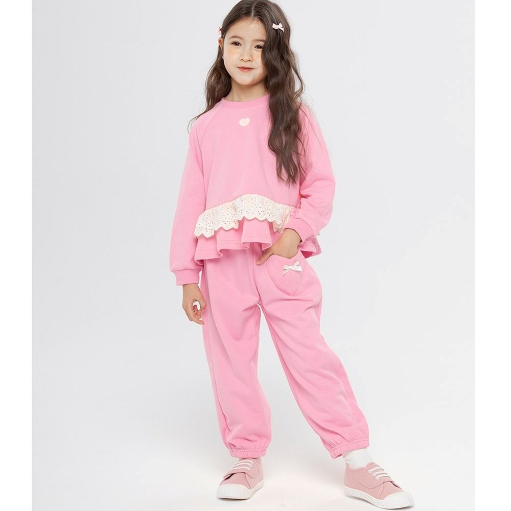 甜心鏤空蕾絲拼接休閒長袖套裝-桃粉