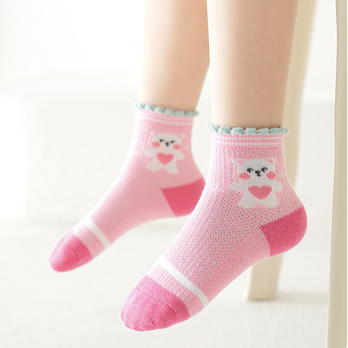 love, charlotte - 粉色小熊格子愛心網眼短筒棉襪-5 雙一組