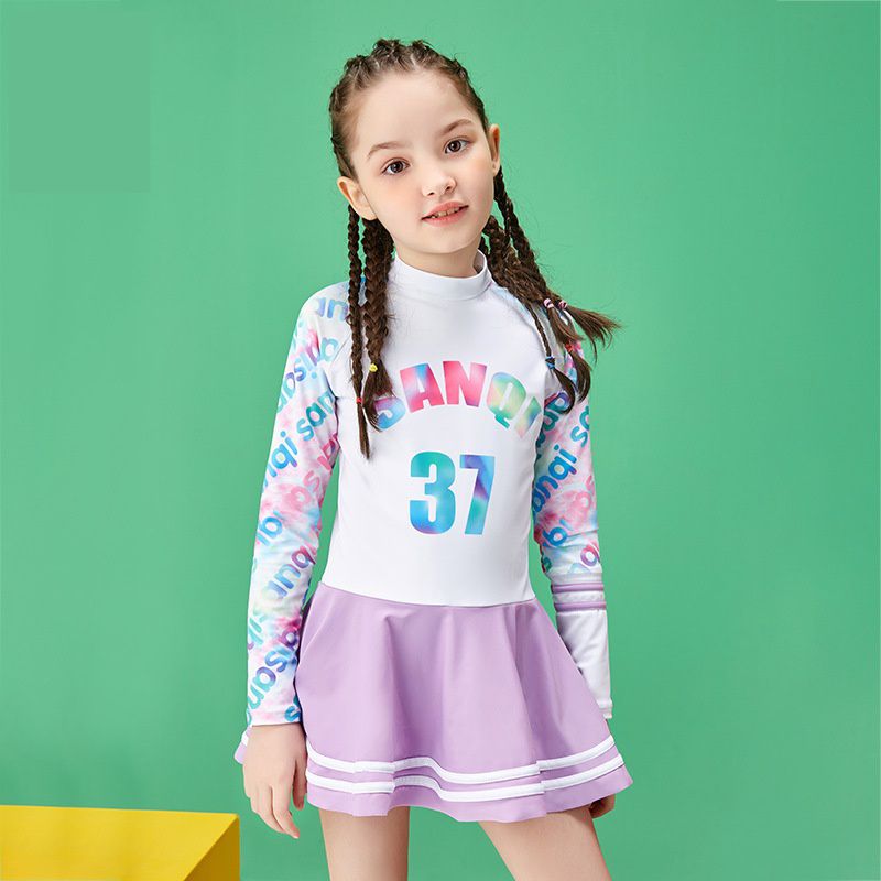 女寶運動風長袖連身裙泳衣-數字37-紫+白