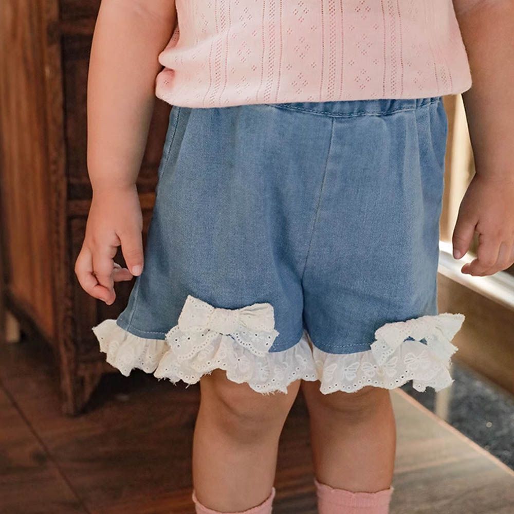 純棉蕾絲花邊牛仔短褲-蝴蝶結-藍色