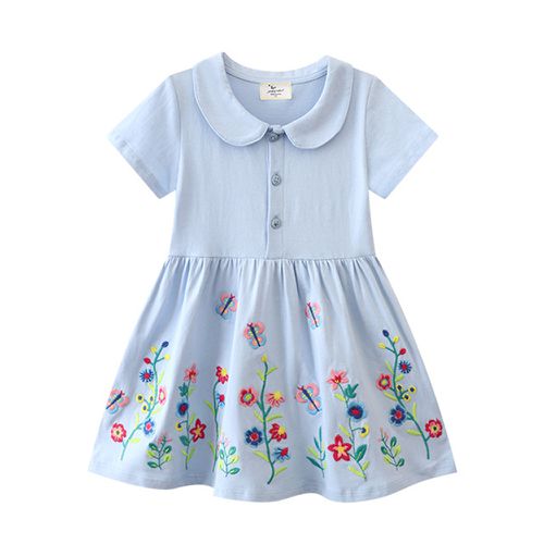 Jumping meters - 娃娃領短袖棉質洋裝-小小花園-藍色