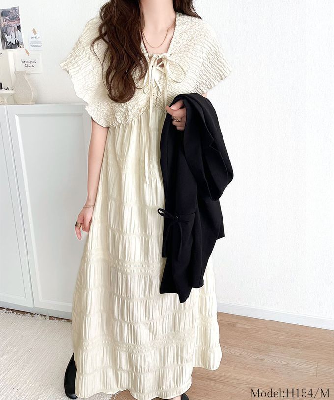 日本 Classical Elf - mily bilet 夢幻光澤感皺摺綁帶寬袖洋裝-黑