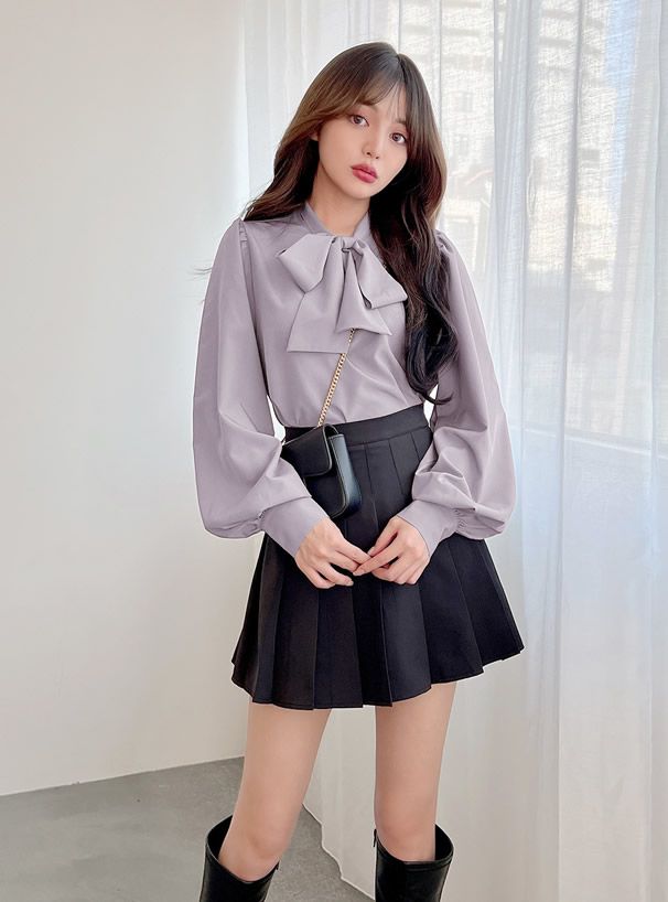 日本 GRL - 緞面蝴蝶結澎袖上衣-氣質米