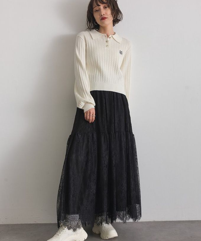 日本 ELENCARE DUE - 奢華睫毛蕾絲飄逸長裙(2件式)-黑