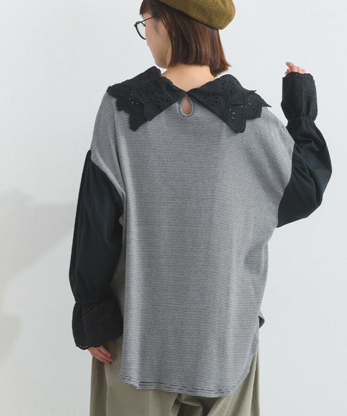 日本 Lupilien - 精緻蕾絲領落肩喇叭袖上衣-米杏