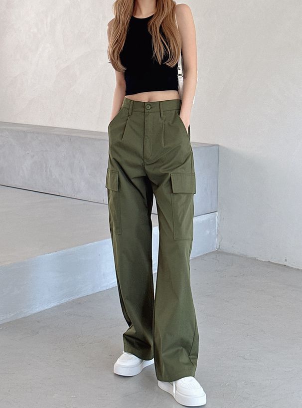 日本 GRL - 休閒百搭工裝口袋長褲-軍綠