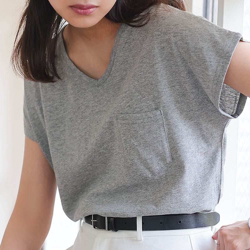 抗透汗 純棉V領口袋修身短袖上衣-淺灰