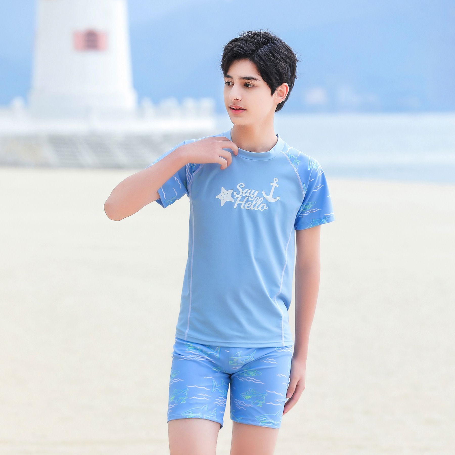 大童男孩短袖泳衣套裝(二件組)-星星船錨-淺藍色-泳衣、泳褲