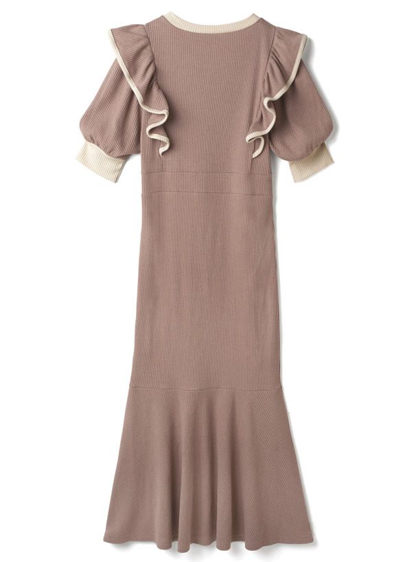 日本 GRL - 撞色荷葉滾邊修身魚尾短袖洋裝-摩卡棕