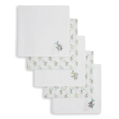 英國 JoJo Maman BeBe - 100% 純棉多功能細紗布包巾/小薄被/拍嗝巾/安撫巾5入組(60*60cm-無尾熊