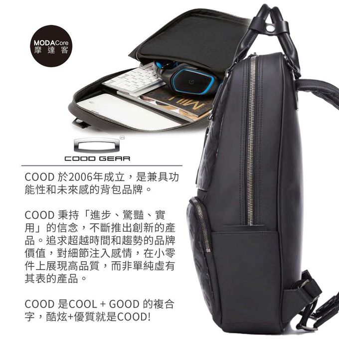 摩達客韓國進口COOD GEAR_REX001黑霧光刀刻紋頂級時尚商務雙邊後背包電腦包15L/可攜至14吋筆電/防潑水/人體工學 (黑)