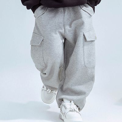 FULONGZAI - 腰鬆緊休閒百搭長褲-斜側口袋-灰色