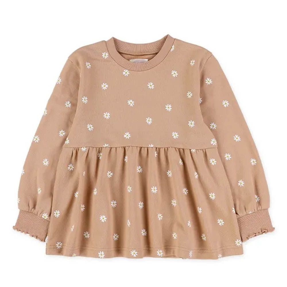 層次波浪花朵印花長袖上衣-橘杏