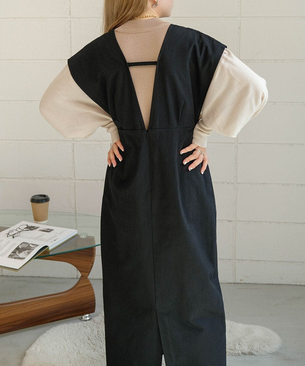 日本 Bab - 知性V領設計綁帶背心裙-深可可