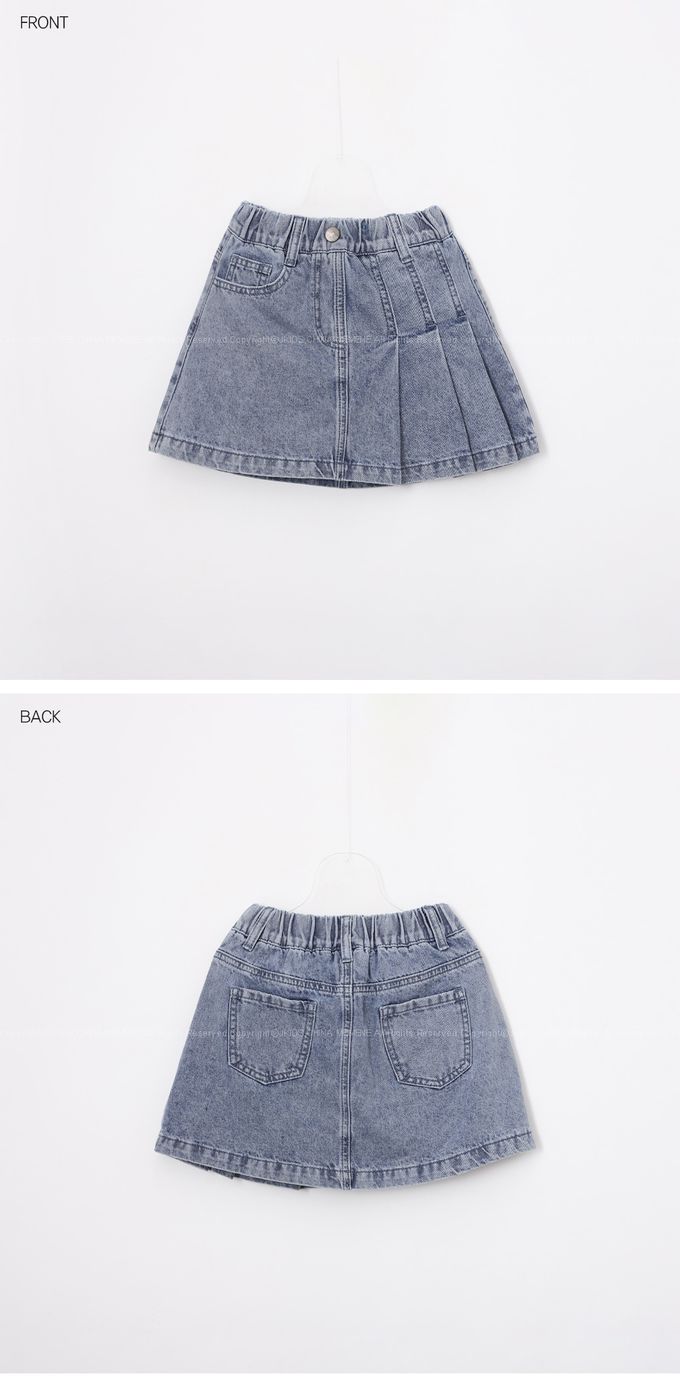 韓國 J KIDS - 鬆緊腰牛仔風褶線設計褲裙-牛仔藍