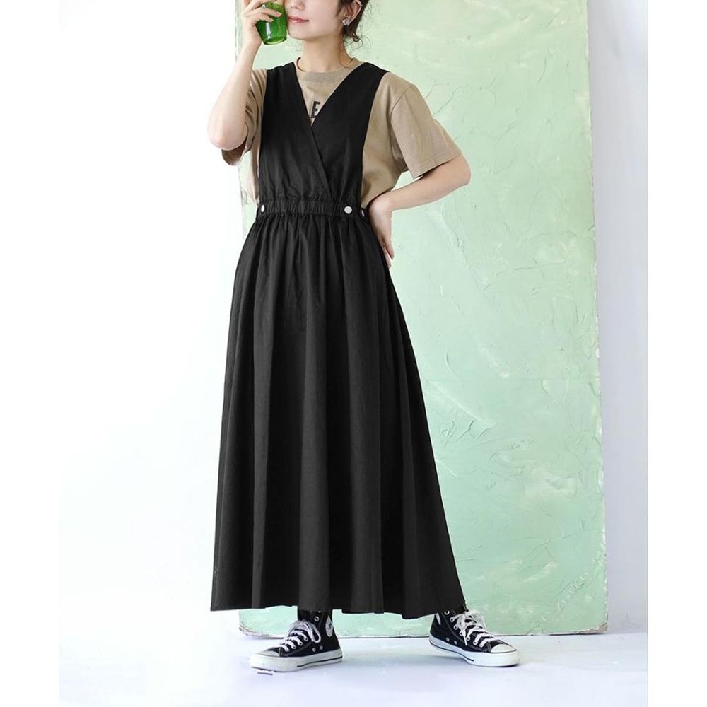 日本 zootie - 文藝交疊設計縮腰吊帶裙-黑