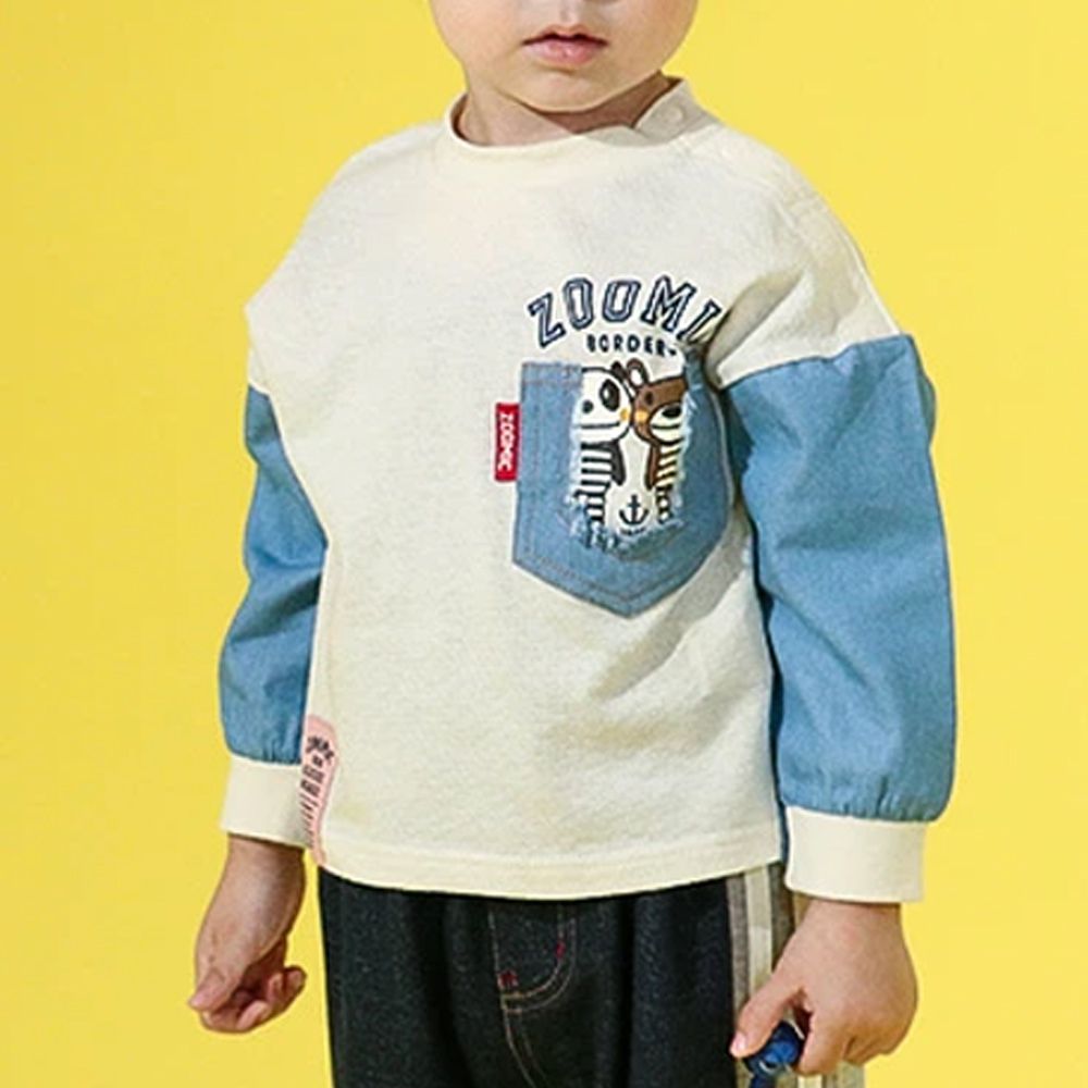 丹寧風小熊長袖上衣-帥氣刷破口袋-白