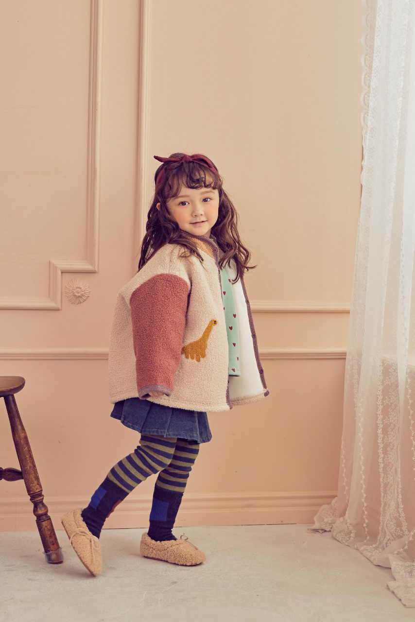 韓國 Mimico - 搖粒絨三色恐龍外套-玫粉X杏