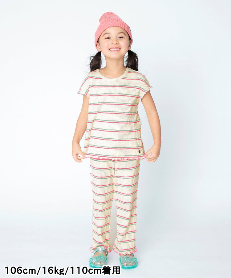 日本 BREEZE - 背交叉下擺捲邊羅紋短袖上衣-紅綠條紋