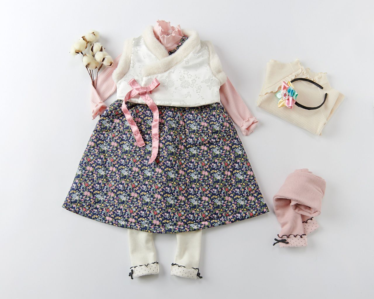 韓國 Dalla - 兩件式生活韓服-棉襖背心+深藍碎花洋裝(不含髮飾)