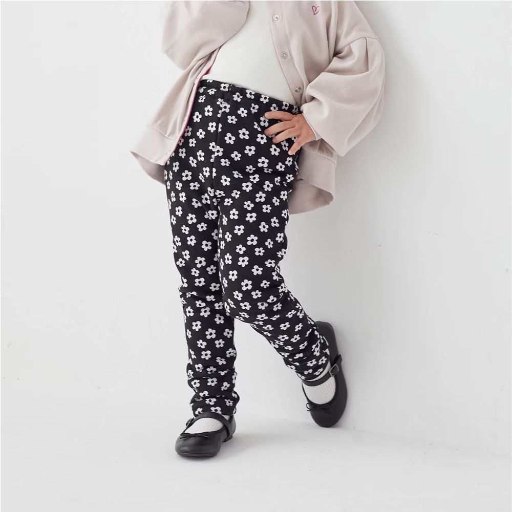 [包色推薦]毛絨內裏彈性長褲-花朵-黑