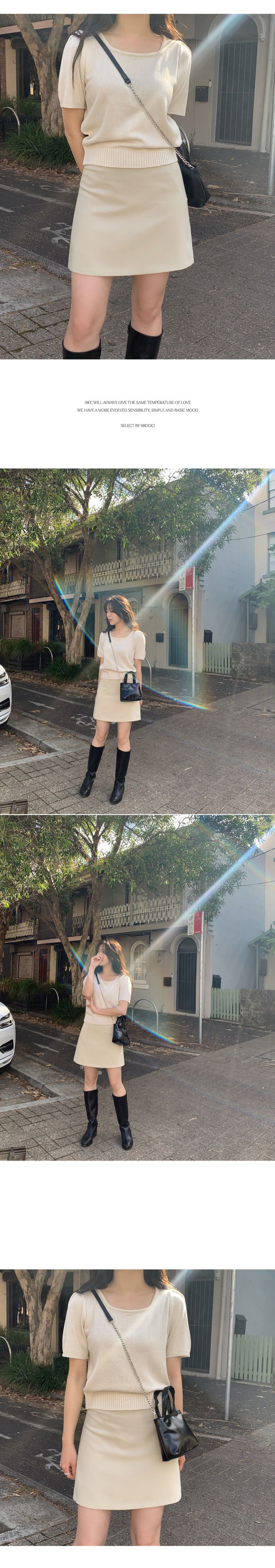 韓國 98doci - 氣質方領針織短袖上衣-奶白