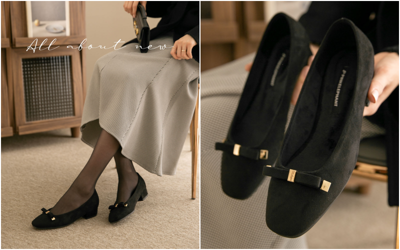 韓國 PINKELEPHANT - 低調蝴蝶結低跟包鞋(3cm)-絨面-藍綠