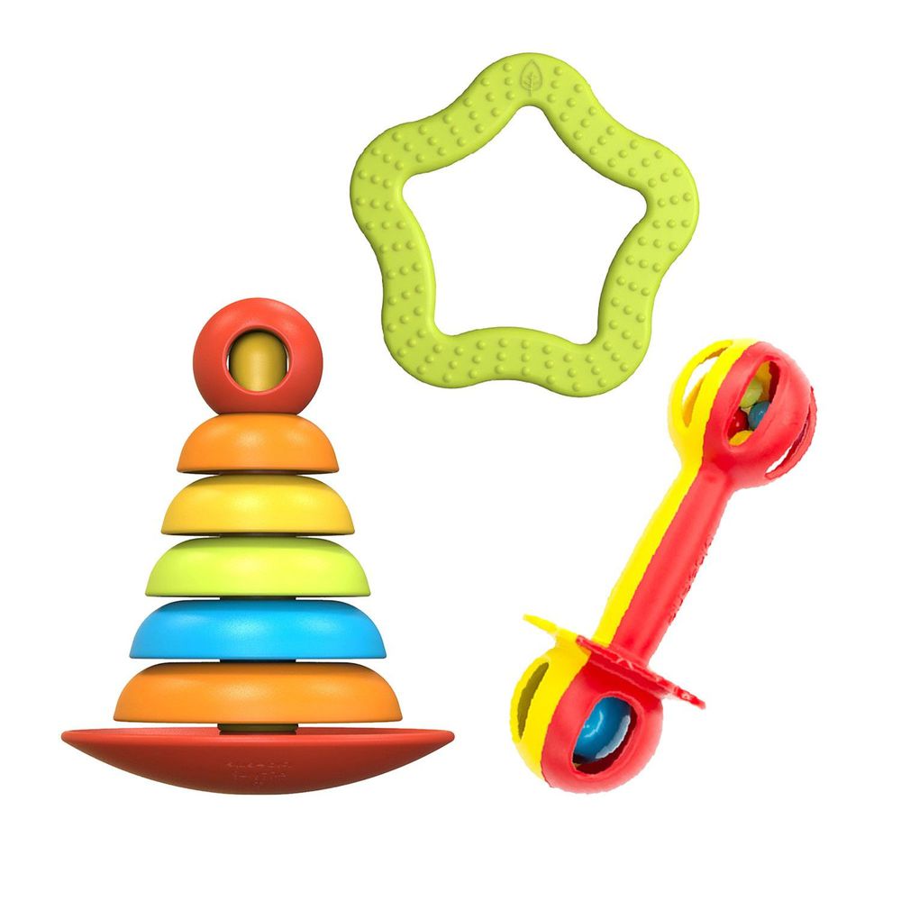 bioserie - 0-3歲成長玩具三件組(堆疊玩具)-2合1益智堆疊玩具x1+小小麥克風手搖鈴x1+海星點點固齒玩具綠色x1