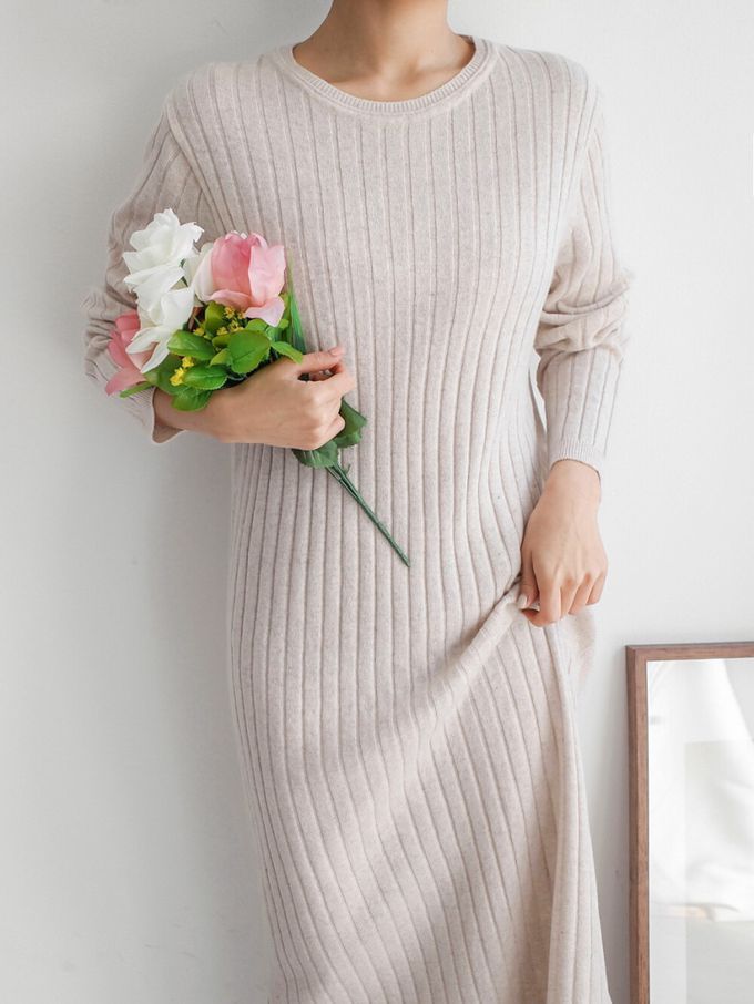 韓國女裝連線 - 喀什米爾羊毛針織連身洋裝-米杏 (FREE)