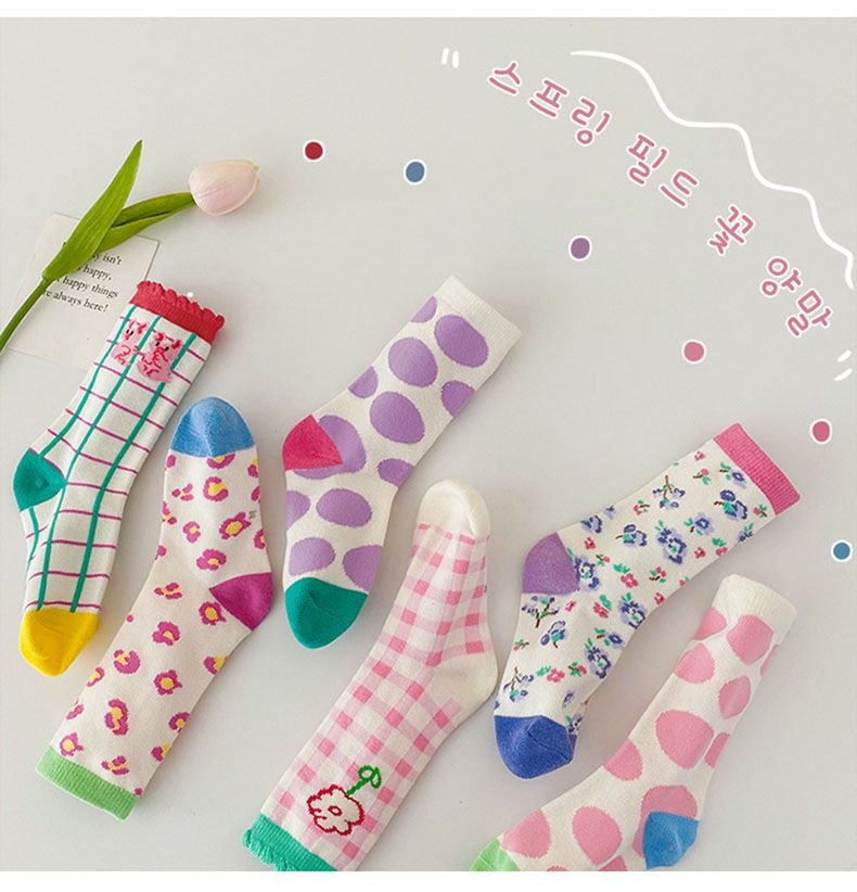 兒童中筒襪 (三入一組)-1088春天花花-A款粉