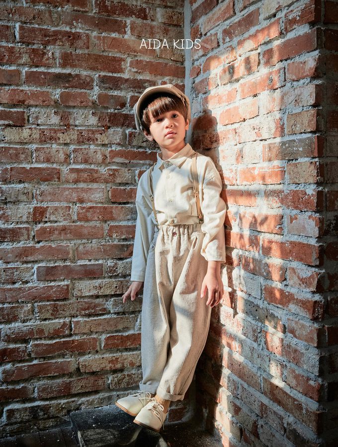 韓國 AIDA - 鬆緊腰直線紋路直筒長褲-米咖