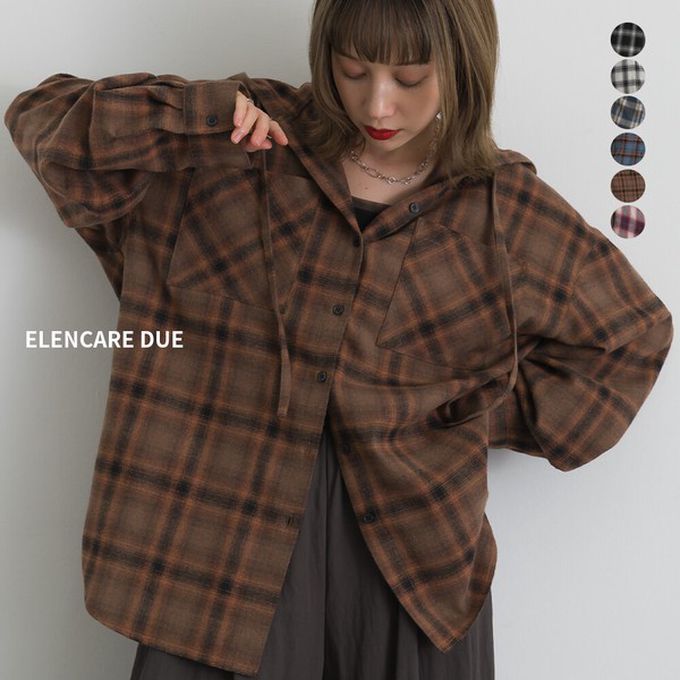日本 ELENCARE DUE - 率性格紋大落肩連帽長袖襯衫-白