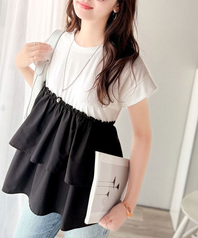 日本 Classical Elf - 浪漫不對稱拼接荷葉短袖上衣-炭灰