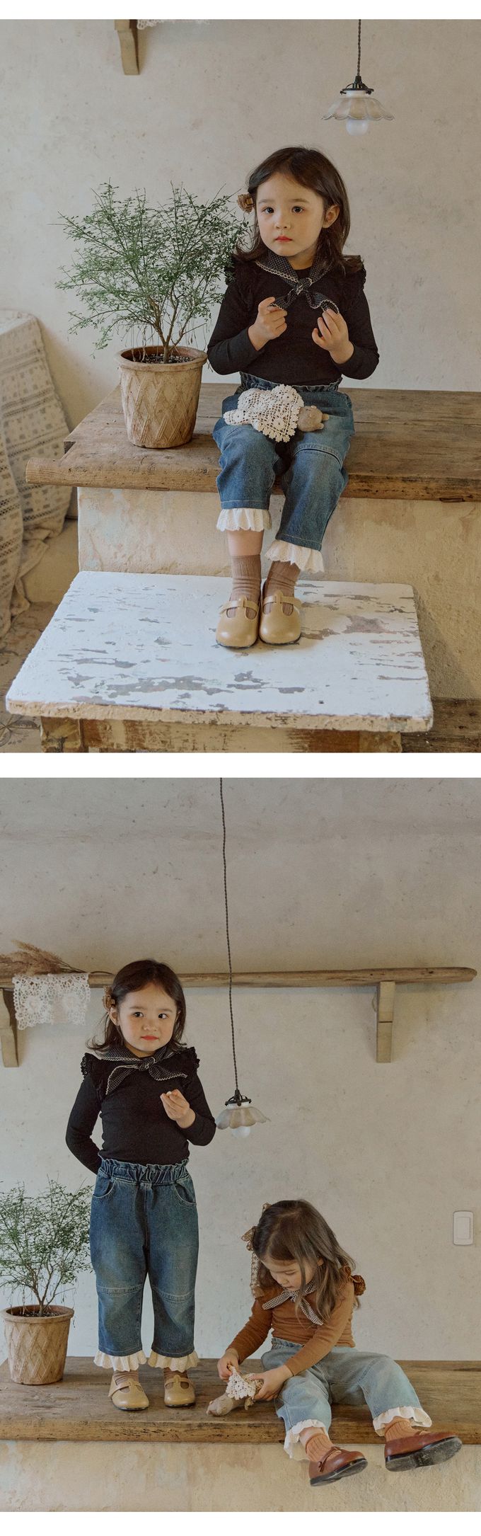 韓國 Puellaflo - 肩膀小荷葉裝飾彈性長袖上衣-黑