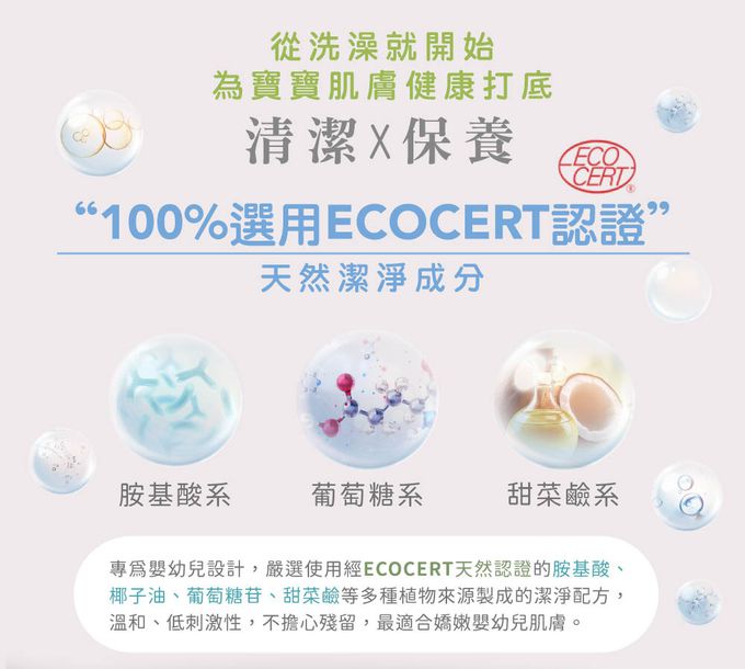 雲朵寶寶2合1洗沐慕斯-使用天然認證的胺基酸、椰子油、葡萄糖苷、甜菜鹼等植物來源的天然潔淨基底，溫和不刺激，最適合寶寶嬌嫩肌膚。